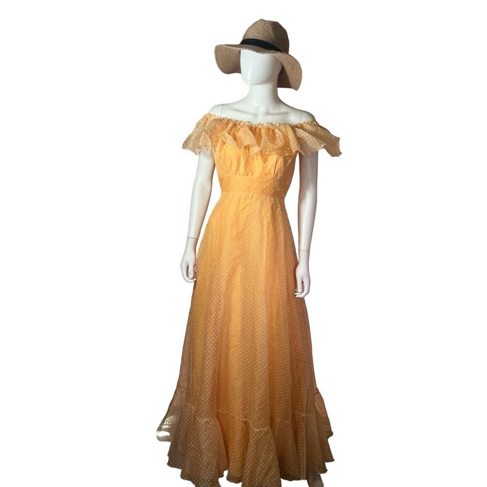 Vtg 1960s Orange Polka Dot Chiffon Ruffle Maxi Prairie Dress sz 10‎ - Picture 7 of 11